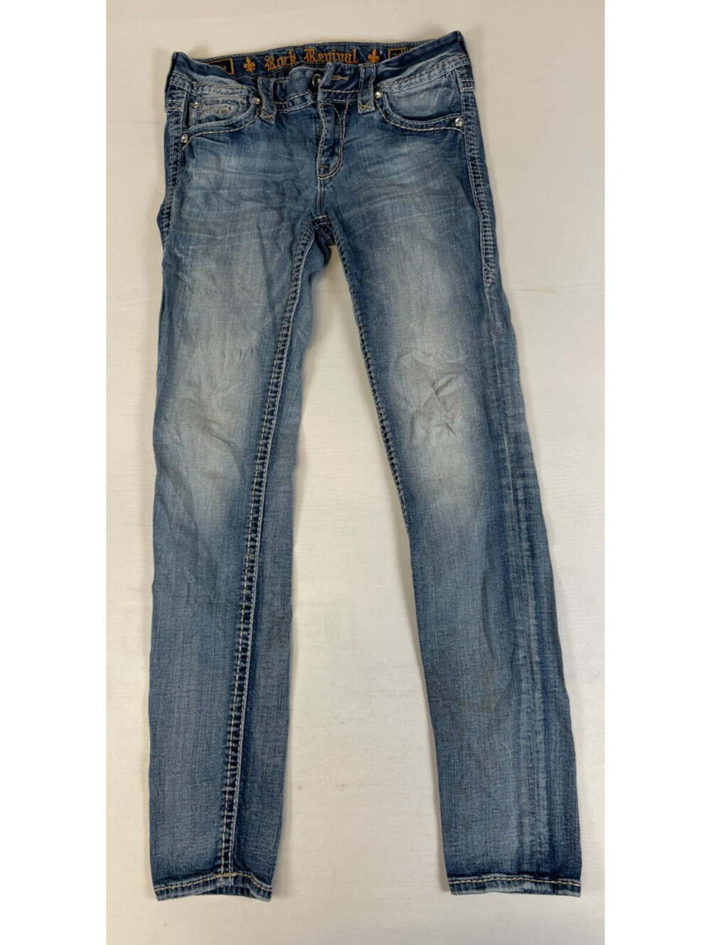 Rock Revival Women 27 Skinny Mid-Rise Estacia Blue Jeans Rhinestone Embellished